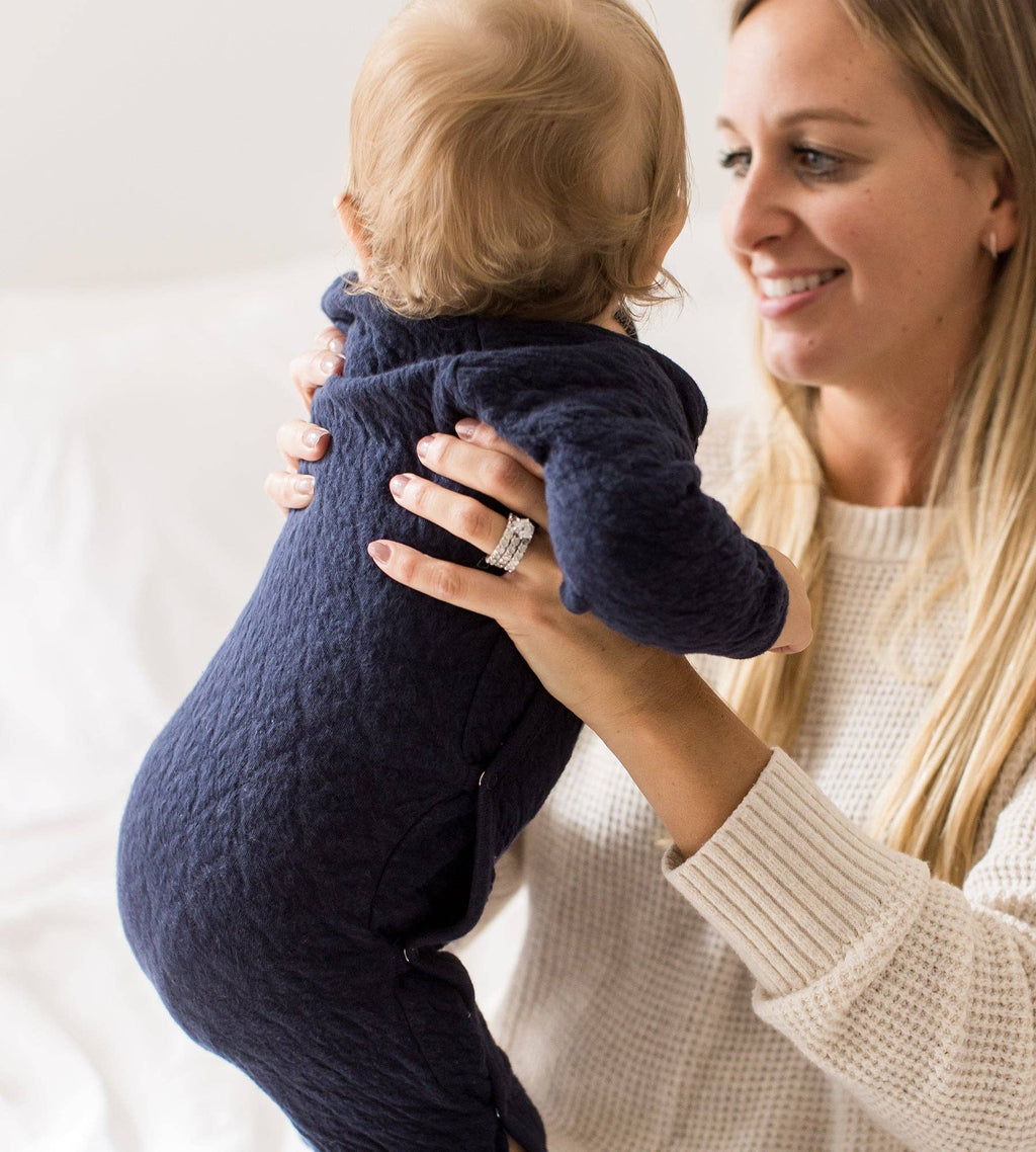 Organic Cotton Quilted Bee Wrap-Front Baby Jumpsuit - Midnight