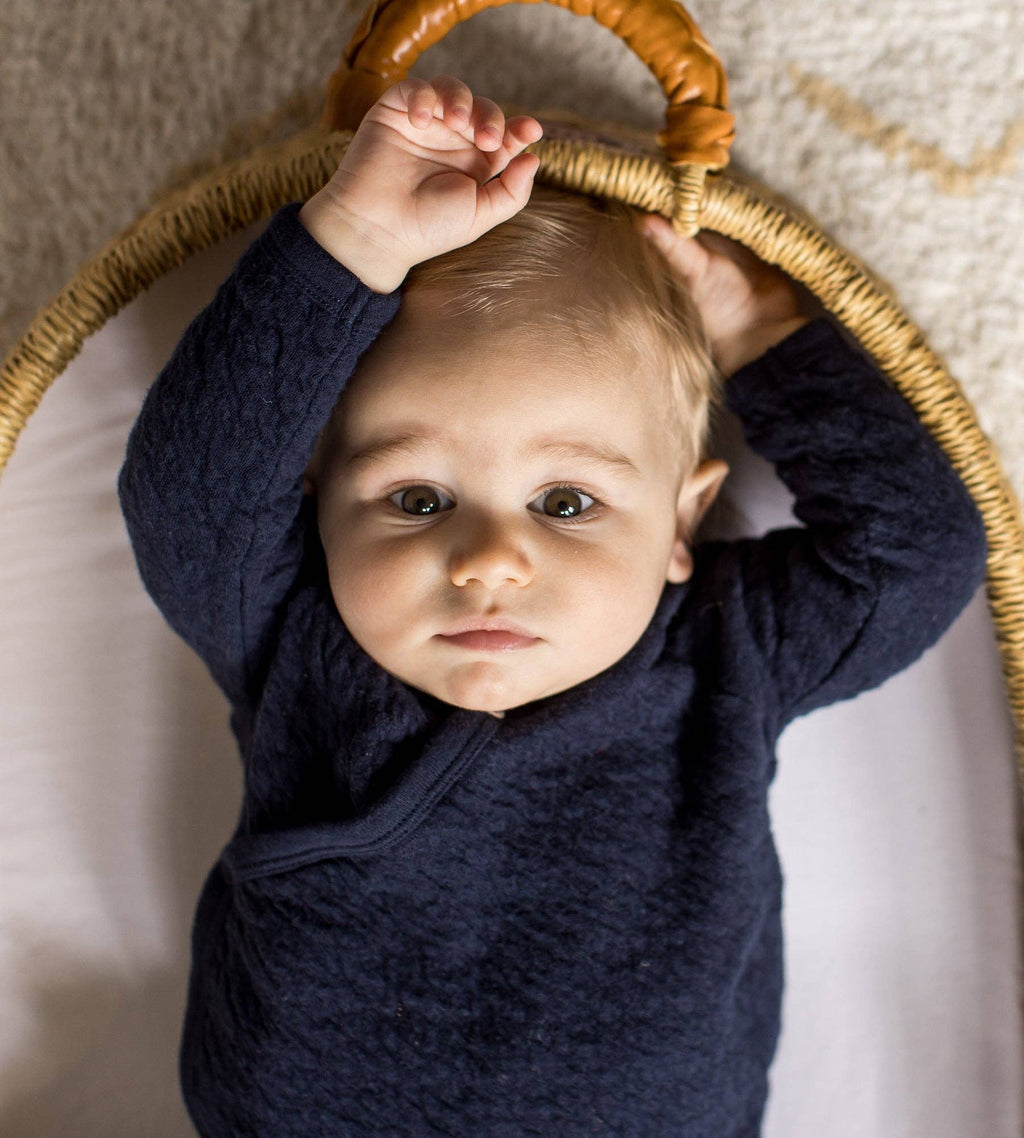 Organic Cotton Quilted Bee Wrap-Front Baby Jumpsuit - Midnight